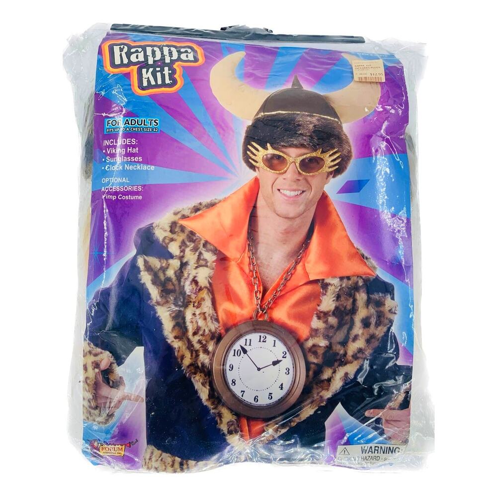 Adult Viking Halloween Costume Brown Plush Hat Glitter Glasses Clock Rappa Kit